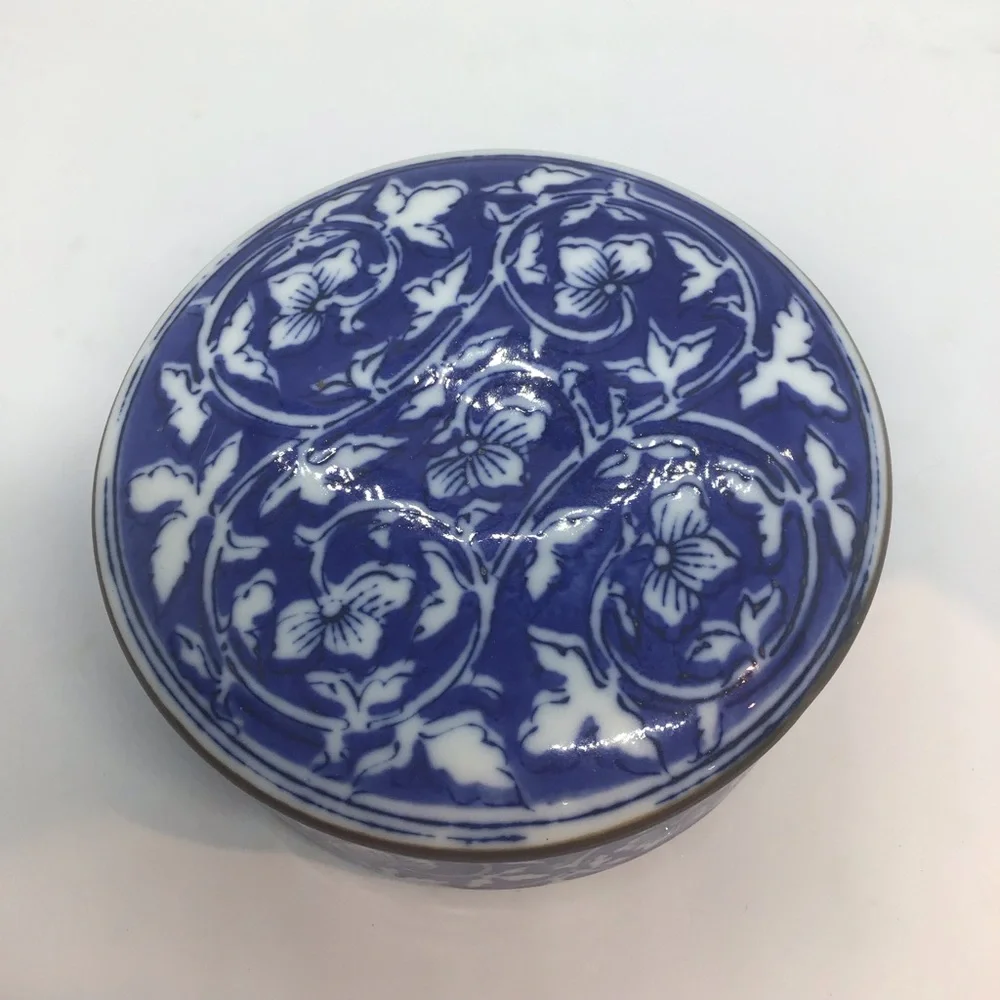 Vintage Porcelain Round Trinket Box with Lid Blue Floral Pattern Japan Signed